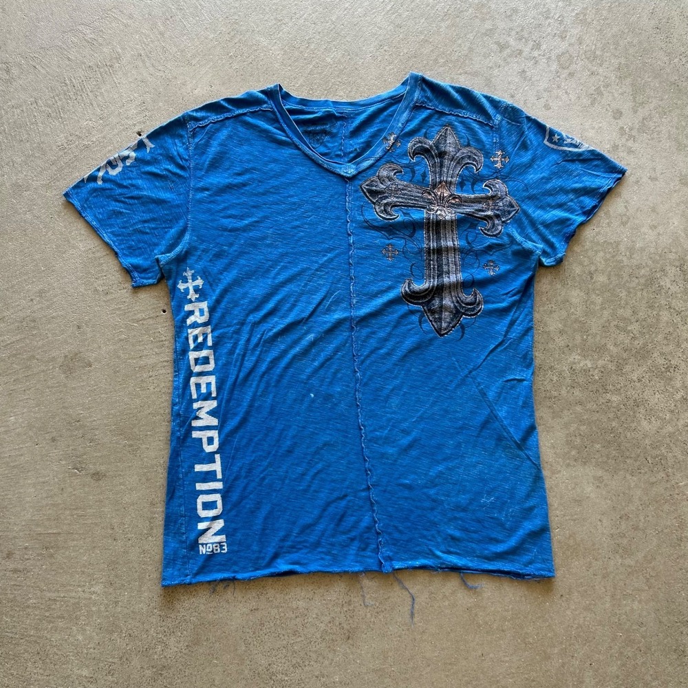 Vintage‎ Y2K Raw State Redemption Shirt Size Large Blue V Neck Punk Grunge Emo